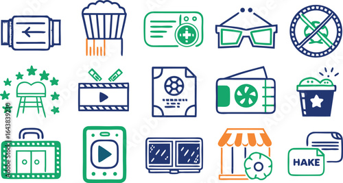 Set of Hand Drawn Entertainment and Media Icons Featuring Cinema and Video Elements movie film