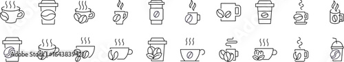 Bundle of Coffee Related Line Icons. Cup with Coffee Bean Outline Signs for Graphic and Web Design, Apps, Adverts, Various Cards