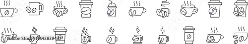 Pack of Coffee Related Line Icons. Cup with Coffee Bean Outline Signs for Graphic and Web Design, Apps, Adverts, Various Cards