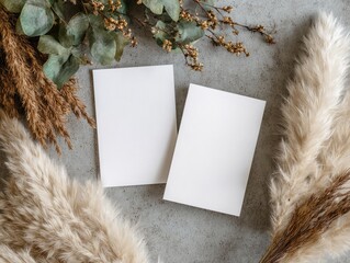 Two blank cards sit on a grey surface, surrounded by dried pampas grass and eucalyptus sprigs in a flat lay composition