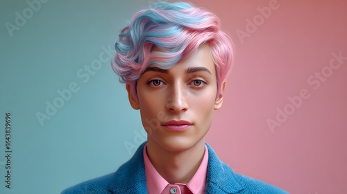 Portrait of a Young Man with Colorful Pastel Hair Against a Soft Pink and Blue Background