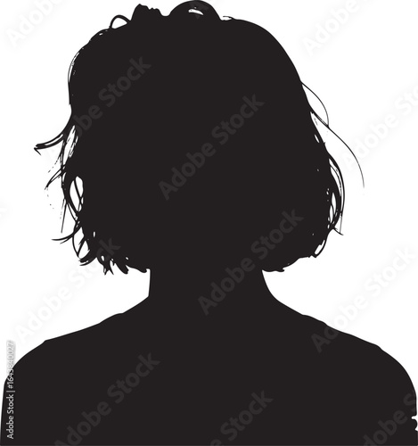 Dark silhouette of a person with a short wavy bob hairstyle standing in profile.