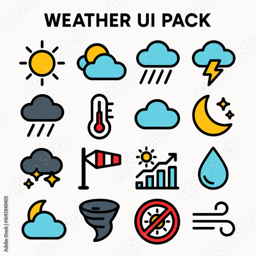 Weather icons indicate forecasts in modern graphic set