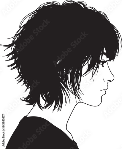 Graphic illustration of a young woman with a short shaggy bob haircut in profile