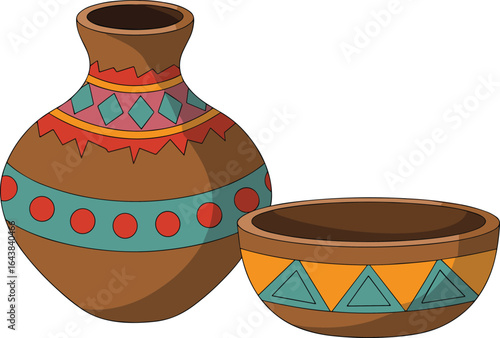 Traditional handmade pottery vase and bowl with colorful geometric patterns, ethnic art, ceramic crafts, cultural decoration, rustic home accessories