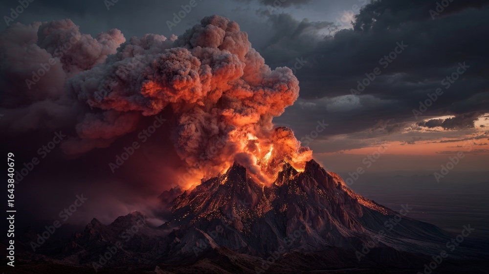 Fototapeta premium Dramatic volcanic eruption unleashes lava and ash, transforming the landscape in fiery display