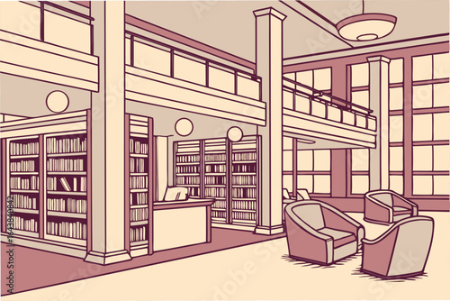 Interior view of a grand library with tall bookshelves and seating area