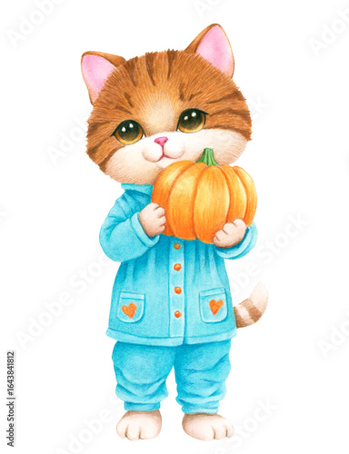 Hand drawn watercolor cat with pumpkin.  A Thanksgiving card
