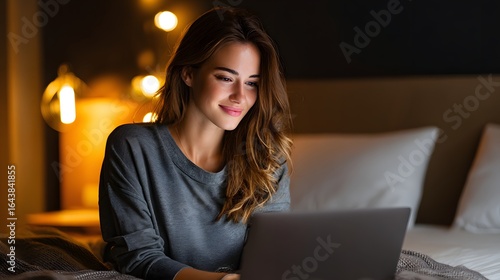 Young Woman Working on Laptop in Cozy Bedroom at Night with Soft Ambient Lighting