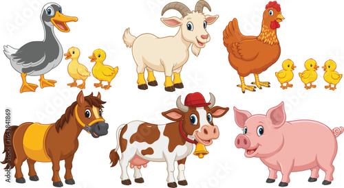 Farm Animals Cartoon Goat, Chicken, Horse, Cow and Pig Vector
