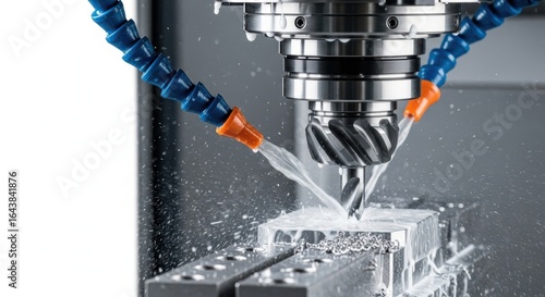 Closeup of a cnc milling machine cutting metal with coolant spray