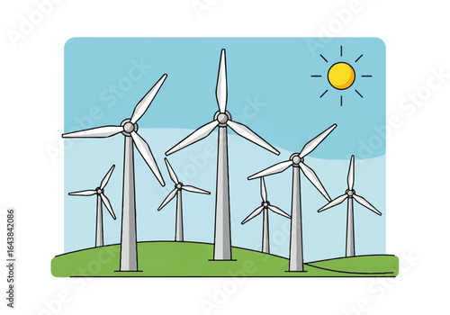 Wind turbines on sunny green hills, ideal for renewable energy, sustainability, ecofriendly, power generation, clean energy, countryside, landscape, and technology concepts.