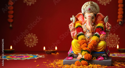  Lord Ganesha Idol with Hibiscus and Marigold Flowers – Indoor Ganesh Chaturthi Puja Decor

