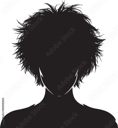 A simple black silhouette of a person with spiky unkempt hairstyle and an unrecognizable face