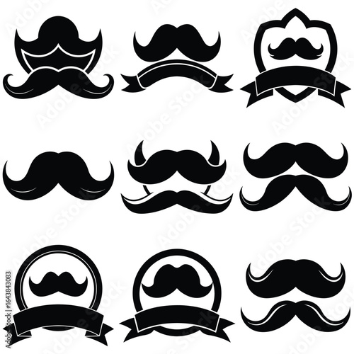 Collection of Mustaches in Various Styles and Decorative Frames, Black and White