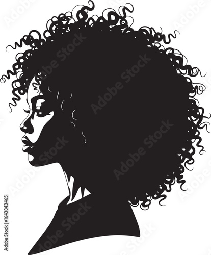 An intricate silhouette illustration of a Black woman with a large voluminous curly afro and defined facial features