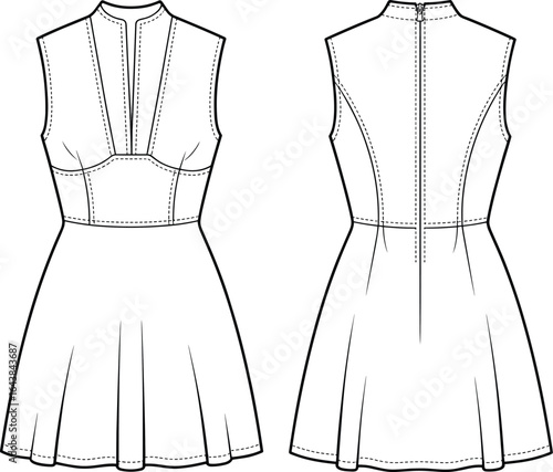 Fashionable sleeveless dress CAD drawing, flat vector illustration, front and back view, detailed stitching, garment design, sewing pattern, fashion