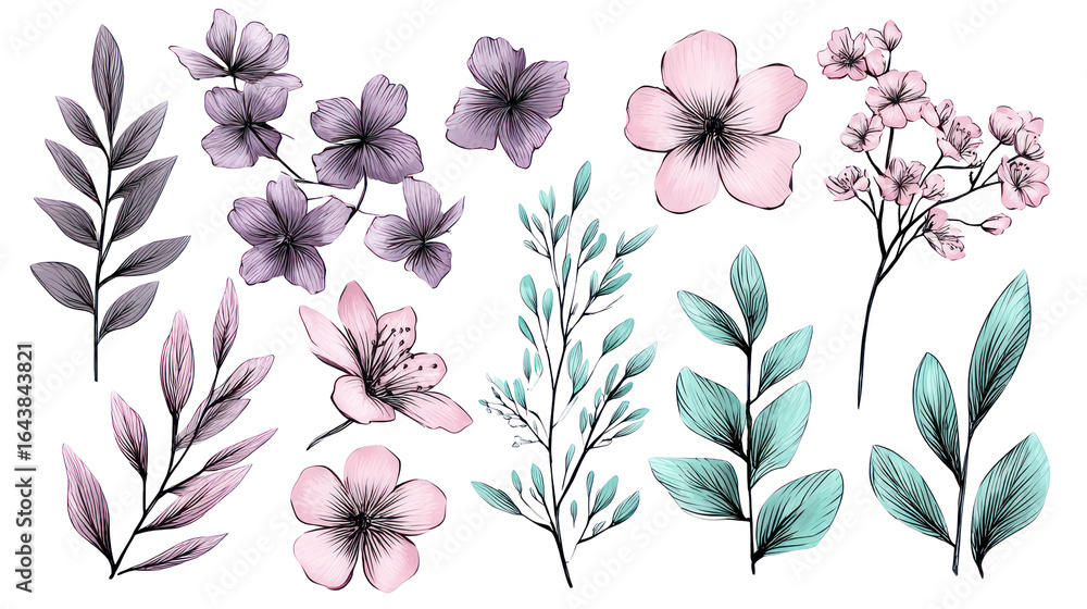 Obraz premium Hand-drawn spring flower set with lavender, blush pink, and pastel tones transparent background