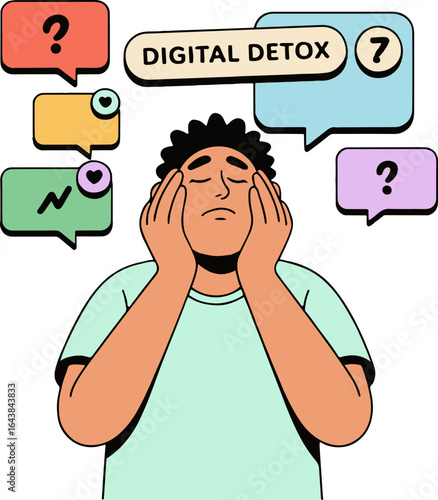 A person overwhelmed with digital notifications needing a digital detox from social media and technology