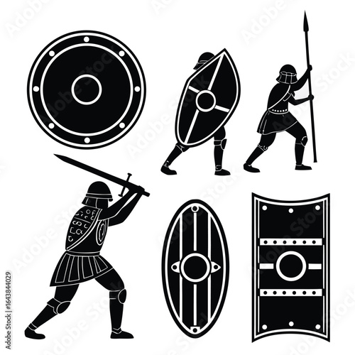 Warriors with shields and swords spear armor