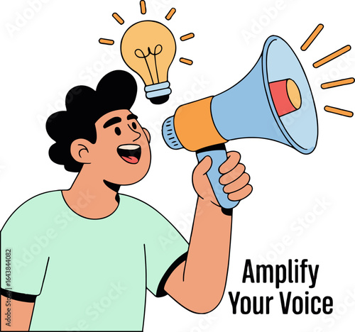 Man with megaphone and lightbulb above head representing idea and amplify your voice text below him