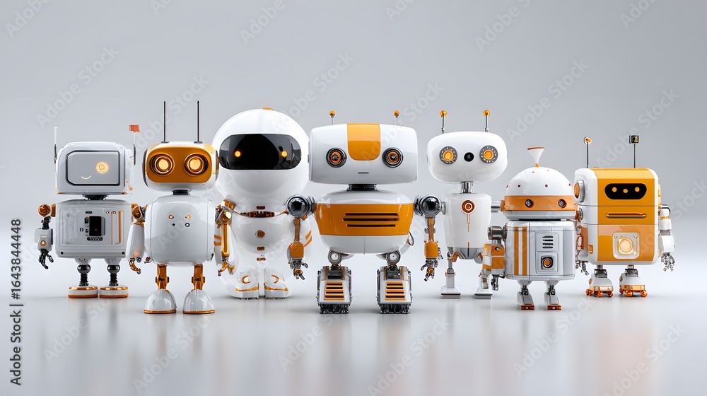Fototapeta premium Group of Colorful Futuristic Robots Showcasing Modern Design and Innovation in a Playful Atmosphere