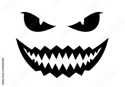 Vector art of scary halloween pumpkin face with sharp teeth and evil eyes, isolated on white background