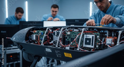 Closeup of military drone avionics being tested in a secure final integration lab with technicians monitoring electronic systems and wiring.