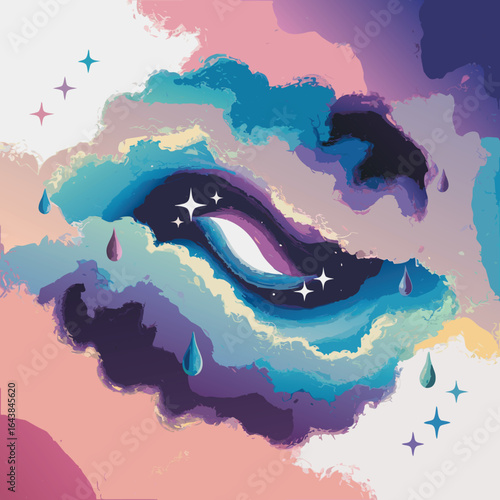 Abstract Cloudscape Painting with Stars and Raindrops in Pink, Blue, and Purple Shades