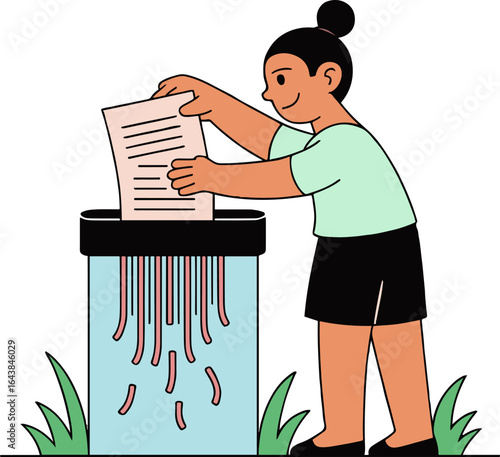 Illustration of a person shredding a document in a shredder with grass at the bottom of the image