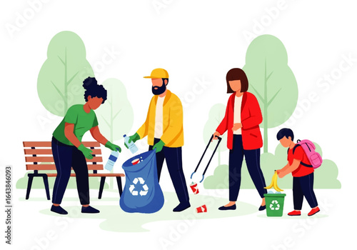 Family helping clean litter in park, showing teamwork and community service. Suitable for environmental and social responsibility concepts.