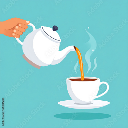A hand pouring hot tea from a white teapot into a white teacup on a saucer.