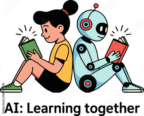 A girl and a robot sitting back to back reading books in a learning together illustration style art