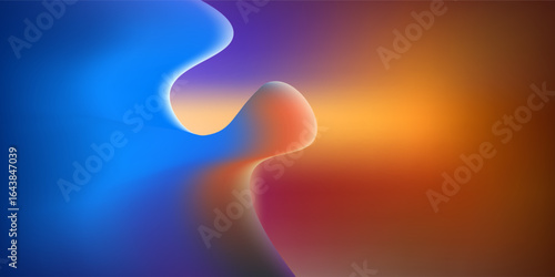 3d render, abstract geometric background illuminated with blue orange neon light. Glowing wavy line. Futuristic minimal wallpaper