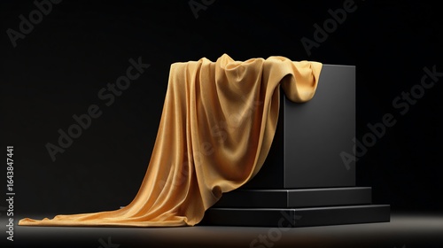 Gold Fabric Draped Over Podium, Black Background