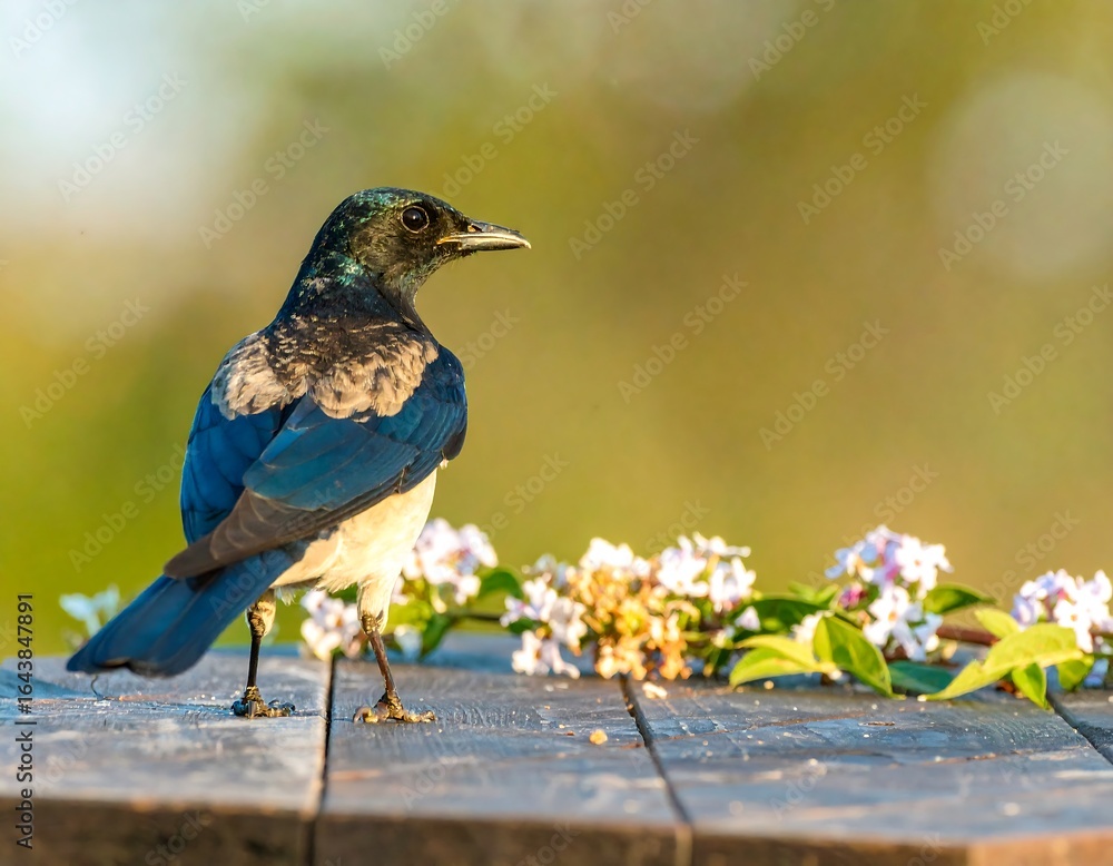 Obraz premium Bird on wooden surface with flowers