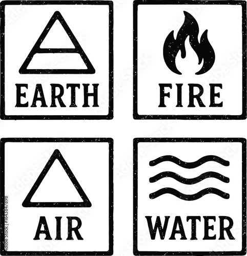 Black and White Icon Set of Four Classical Elements Featuring Earth (Triangle with Line), Fire (Flame), Air (Upward Triangle), and Water (Wavy Lines) — Minimalist Symbolic Design for Alchemy, Astrolog