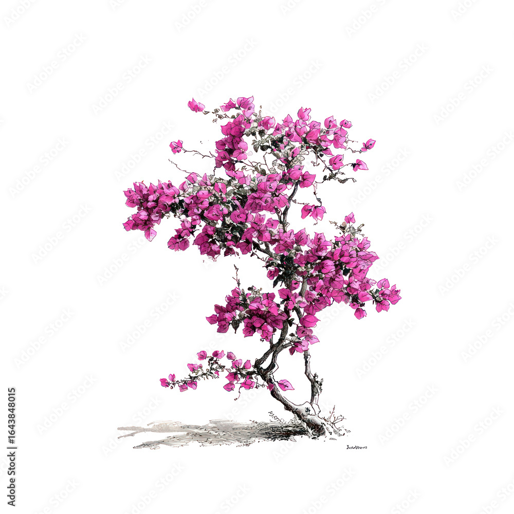 Minimal ink drawing of bougainvillea tree with bright magenta blossoms on transparent background Minimal ink drawing of bougainvillea tree with bright magenta blossoms on transparent background