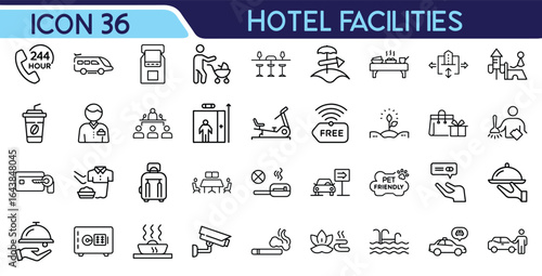 Minimal line art depicting various hotel amenities with icons illustrating available features and services