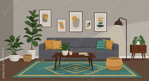 Cozy Living Room Interior with Sofa Coffee Table and Wall Art