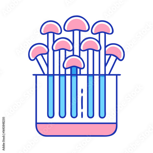 Cute pink and blue mushroom illustration in a container