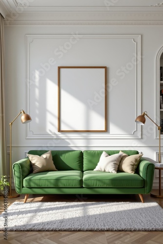 contemporary living room, blank picture frame over green velvet couch, white walls, sunlight shadows, modern lamps