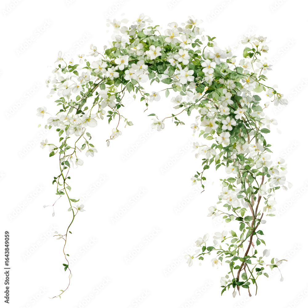 Obraz premium Minimalist watercolor garden arch with delicate white blossoms transparent background