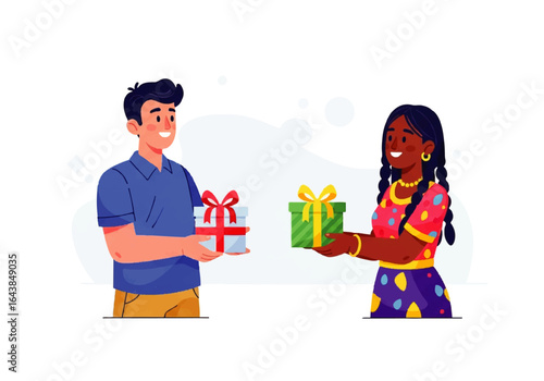 Couple exchanging gifts, vibrant wrapping paper. Perfect for celebrations, holidays, giftgiving, joyful moments, christmas, birthdays, anniversary, special occasions.