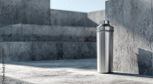 Sleek silver shaker rests on concrete steps, bathed in sunlight; minimalist, modern aesthetic