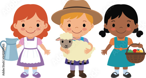 Diverse group of happy children enjoying simple rural life on a farm, showcasing agriculture and healthy living.