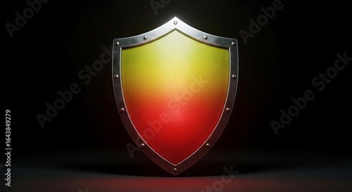 Metal shield with red yellow gradient and rivets on black background steel armor