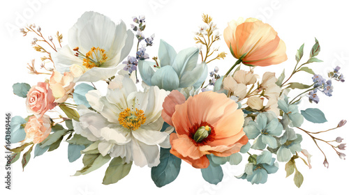 Mixed floral corner cluster with pastel poppies and lilies transparent background
