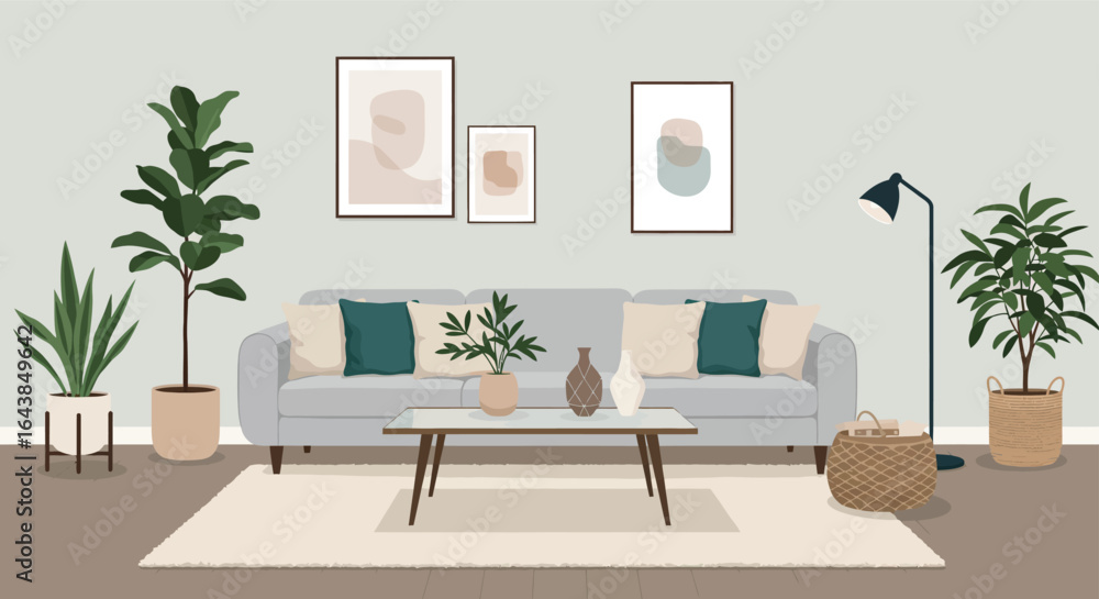 Fototapeta premium Modern Living Room Interior with Gray Sofa and Abstract Art Prints