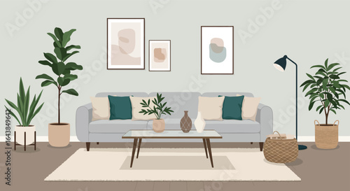Modern Living Room Interior with Gray Sofa and Abstract Art Prints